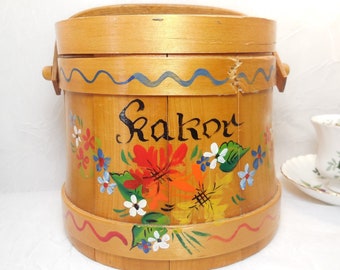 Vintage Firkin Wood Sugar Bucket, Swedish, Hand Painted Scandinavian Theme