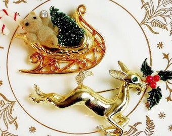 Two Vintage Christmas Pins, Deer with Holly, Santa's Sleigh