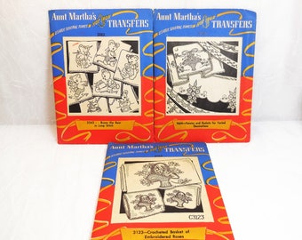 Aunt Martha's Hot Iron Transfers, Lot of 3, Uncut, 3243 Bruno the Bear, 3123 Basket of Roses,  9654 Pansies