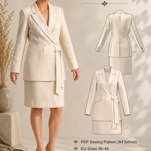 May include: A beige jacket and skirt set with a tie-waist closure, notched lapels, and long sleeves. The image includes technical line drawings of the garment, the text Jacket Joli by Liudvika Design, and notes on PDF sewing patterns in EU sizes 36-44.