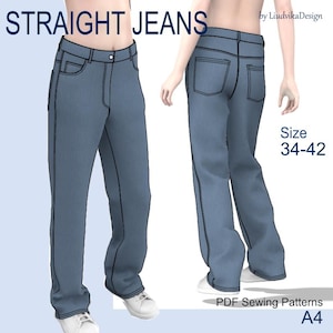 May include: Digital illustration of straight jeans in light blue denim. The image shows the front and back views of the jeans. The text "STRAIGHT JEANS" is at the top, with size range 34-42. The image also includes the text "PDF Sewing Patterns A4".