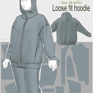 Könnte beinhalten: Hellgrauer, locker sitzender Kapuzenpullover mit Reißverschluss, dargestellt an einer Schaufensterpuppe. Das Bild zeigt auch eine Rückansicht des Hoodies und Schnittmuster. Der Text auf dem Bild lautet "Loose fit hoodie" und "Size 36-48 EU".