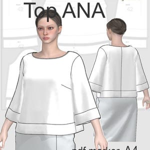 May include: Digital illustration of a white top, labelled "Top ANA", with a boat neck and wide sleeves. The image shows front and back views of the top, plus the text "pdf marker A4" and "Created with CLO 3D software".