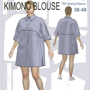 Può includere: Un modello di camicetta kimono azzurra, mostrato dalla vista anteriore e posteriore. L'immagine include il testo "KIMONO BLOUSE" e "PDF Sewing Patterns 38-48". Il design è stato creato con il software CLO 3D.