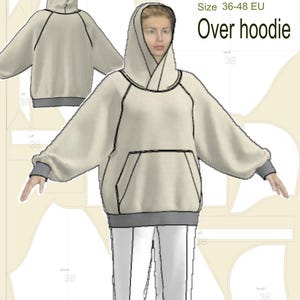 May include: A beige hooded sweatshirt with long sleeves, a front kangaroo pocket, and grey cuffs and hem. The design includes text reading by LiudvikaDesign, PDF Sewing Patterns, Size 36-48 EU, and Over hoodie, displayed over a technical pattern layout.