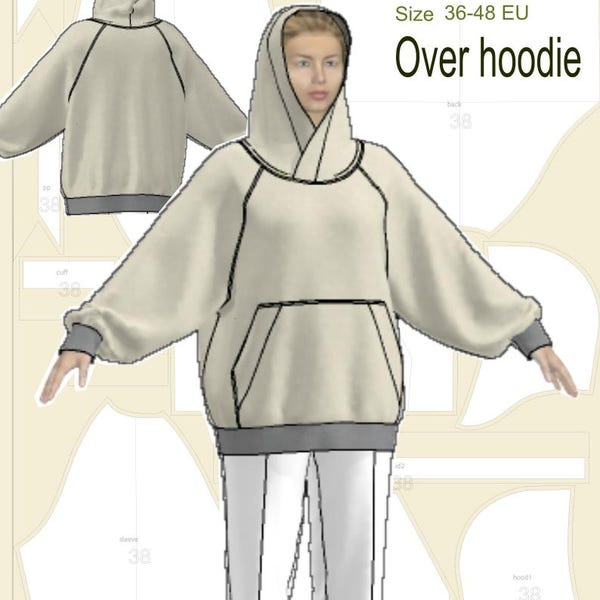 Oversized Raglan Sleeve Hoodie Sewing Pattern: Kangaroo Pocket (PDF Pattern, EU 38-48)