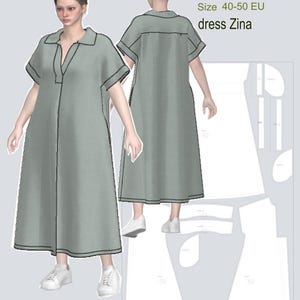 Könnte beinhalten: Ein hellgrünes Kleid mit schwarzem Besatz und einem Kragen. Das Kleid wird auf einem Model von vorne und hinten gezeigt. Das Bild enthält den Text "dress Zina" und "PDF Sewing Patterns Size 40-50 EU". Das Model trägt weiße Turnschuhe.