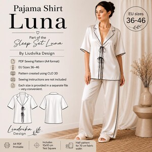 Shirt Luna PDF Sewing Pattern | Women's Pajama Shirt | Sleepwear Top Pattern | EU 36–46 | A4 PDF | CLO3D | Digital Download