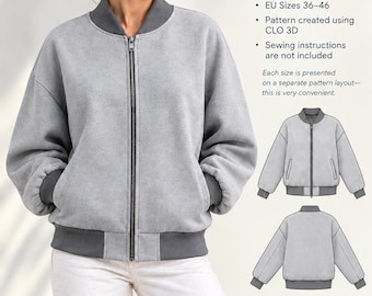 May include: A gray bomber jacket with a dark gray ribbed collar, cuffs, and hem, featuring a front zipper. The text reads BOMBER By Liudvika Design, PDF Sewing Pattern (A4 format), EU Sizes 36-46, Pattern created using CLO 3D, Sewing instructions are not included.