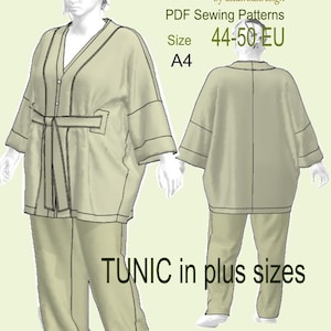 Peut inclure: Illustration numérique d'un ensemble tunique et pantalon vert clair. La tunique est dotée d'une ceinture et d'une fermeture boutonnée. Le texte de l'image indique "TUNIC in plus sizes" et "Size 44-50 EU".
