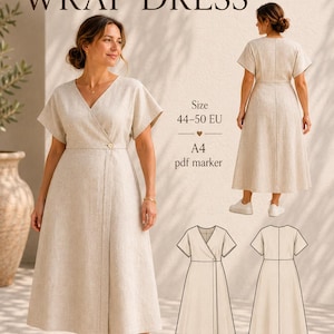 Peut inclure: Une robe portefeuille beige à manches courtes et col en V, présentée de face et de dos. L'image contient le texte : PDF Sewing Patterns, WRAP DRESS, by Liudvika design, Size 44-50 EU, A4 pdf marker, Created with CLO 3D software, PDF pattern.