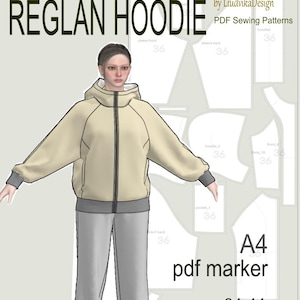 Pode incluir: Ilustração digital de um moletom raglan bege e calças de moletom cinza. O moletom tem um zíper preto e acabamento cinza. A imagem inclui peças de padrão de costura e o texto "REGLAN HOODIE", "A4 pdf marker", e "Created with CLO 3D software".