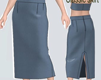 May include: A light blue, two-piece outfit consisting of a bandeau top and a classic skirt. The skirt has a slit in the back. The text "Classic skirt" is visible. The size range is 36-50 EU.