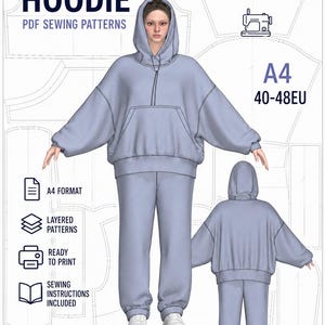 以下が含まれることがあります： LiudvikaDesignによるオーバーサイズパーカーとスウェットパンツの型紙セット、A4サイズ、40-48EU。フロントポケット付きのライトブルーのフード付きスウェットシャツと、伸縮性のある裾のパンツが、前後から見た図で示されています。