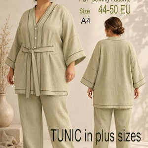 May include: A light green tunic and matching trousers set featuring a V-neckline, front button closure, and a tie-waist belt. Text reads: by LiudvikaDesign PDF Sewing Patterns Size 44-50 EU A4, TUNIC in plus sizes, Created with CLO 3D software.