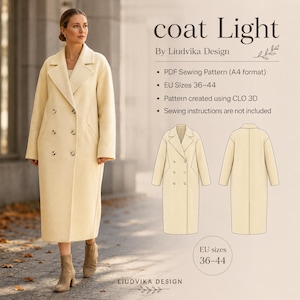 May include: A PDF sewing pattern for a double-breasted coat titled coat Light by Liudvika Design. The pattern includes EU sizes 36-44, created using CLO 3D, and features a long, cream-colored coat with notched lapels and six buttons.