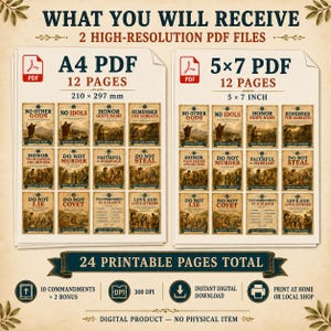 May include: A digital product listing showing two sets of 12 printable pages featuring the Ten Commandments. The A4 PDF measures 210 x 297 mm and the 5 x 7 inch PDF includes 12 pages each. The designs feature vintage-style illustrations with text.