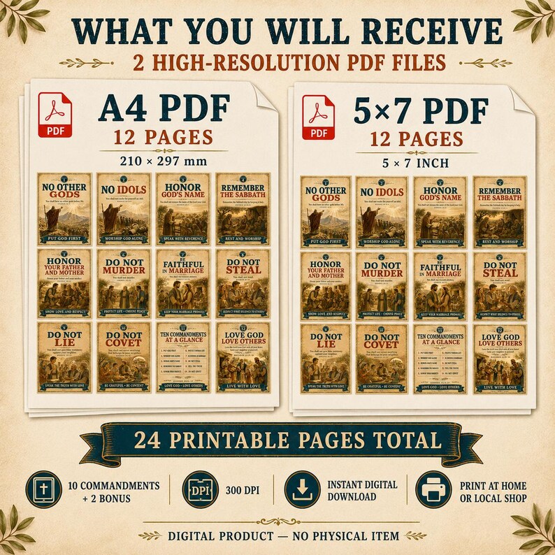 May include: A digital product listing showing two sets of 12 printable pages featuring the Ten Commandments. The A4 PDF measures 210 x 297 mm and the 5 x 7 inch PDF includes 12 pages each. The designs feature vintage-style illustrations with text.