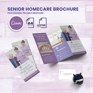 May include: A brochure for senior homecare services, featuring a trifold design with images of caregivers and elderly individuals. The brochure includes the text "Senior Homecare Brochure" and "Support That Feels Like Home."