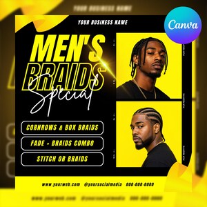 Peut inclure: Graphique promotionnel noir et jaune annonçant une "Spéciale Tresses Hommes". L'image présente des photos d'hommes avec des coiffures tressées et des options de services comme les tresses.