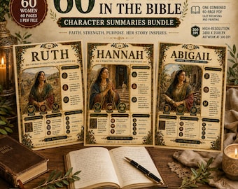 May include: A digital bundle titled 60 Women in the Bible featuring character summary posters for Ruth, Hannah, and Abigail. Each poster includes historical details, key references, and traits. The set includes 60 A4 portrait PDF pages.