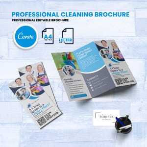 May include: A professional cleaning brochure with a blue and white design. The brochure includes the text "Professional Cleaning Brochure" and "Let's Make Your Space Shine!" along with a QR code for booking. The Canva logo is also visible.