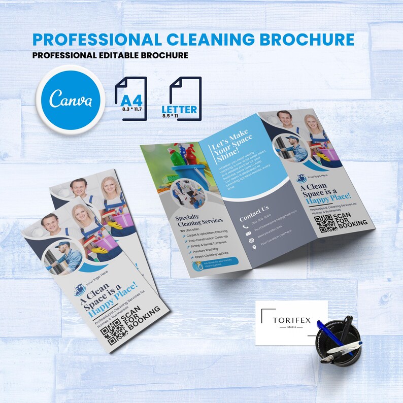 May include: A professional cleaning brochure with a blue and white design. The brochure includes the text "Professional Cleaning Brochure" and "Let's Make Your Space Shine!" along with a QR code for booking. The Canva logo is also visible.