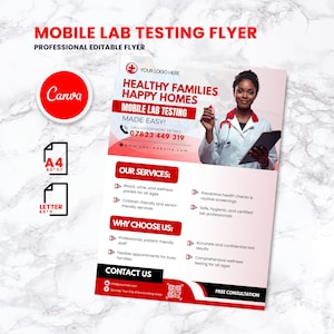 Pode incluir: Um folheto para testes laboratoriais móveis, com uma mulher de jaleco segurando um tablet. O folheto tem um esquema de cores vermelho e branco com texto que diz "Healthy Families Happy Homes" e "Mobile Lab Testing Made Easy!"