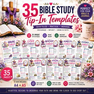 May include: A digital collection of 35 Bible study tip-in templates featuring floral designs, crosses, and religious text. The set includes A4 and A5 printable PDF pages with themes like Hope, Love, Worship, Humility, Guidance, Joy, Salvation, Healing, and Courage in Christ.