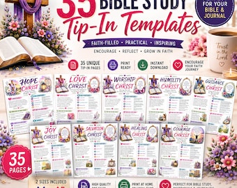 May include: A digital collection of 35 Bible study tip-in templates featuring floral designs, crosses, and religious text. The set includes A4 and A5 printable PDF pages with themes like Hope, Love, Worship, Humility, Guidance, Joy, Salvation, Healing, and Courage in Christ.