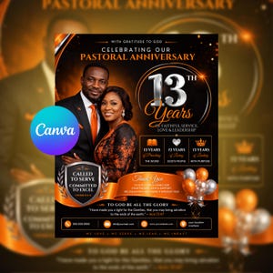 May include: A flyer for a 13th pastoral anniversary featuring a man in a suit and a woman in a patterned dress. The text reads Celebrating Our Pastoral Anniversary, 13 Years of Faithful Service, Love & Leadership, and Called to Serve Committed to Excel.