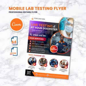 May include: A flyer for mobile lab testing services. The design features text and images, including a phone number and the phrase "Lab Testing at Your Doorstep." It highlights services like home visits and quick results.