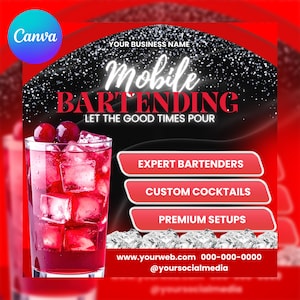 Könnte beinhalten: Werbegrafik für mobile Barkeeper-Dienste. Das Design zeigt einen leuchtend roten Cocktail mit Eiswürfeln und Kirschen, vor einem roten und schwarzen Hintergrund. Der Text enthält "Mobile Bartending" und Servicedetails wie "Expert Bartenders" und Kontaktinformationen.