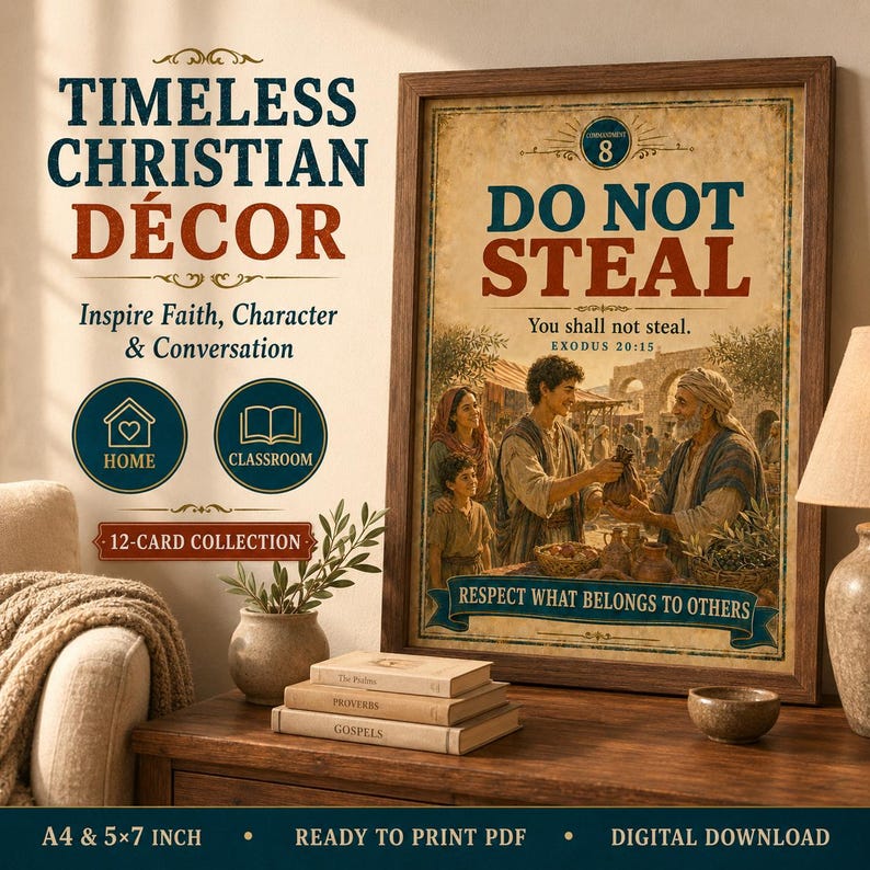 May include: A framed wall art print featuring a vintage-style illustration of a marketplace scene with the text DO NOT STEAL, You shall not steal, EXODUS 20:15, and RESPECT WHAT BELONGS TO OTHERS. The print is displayed in a dark brown wooden frame.