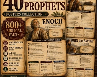 May include: A collection of 40 printable posters featuring 800+ biblical facts. The posters include portraits and information about figures like Noah, Enoch, and John the Baptist, with text in A4 and 8.5 x 11 inch formats on aged paper.