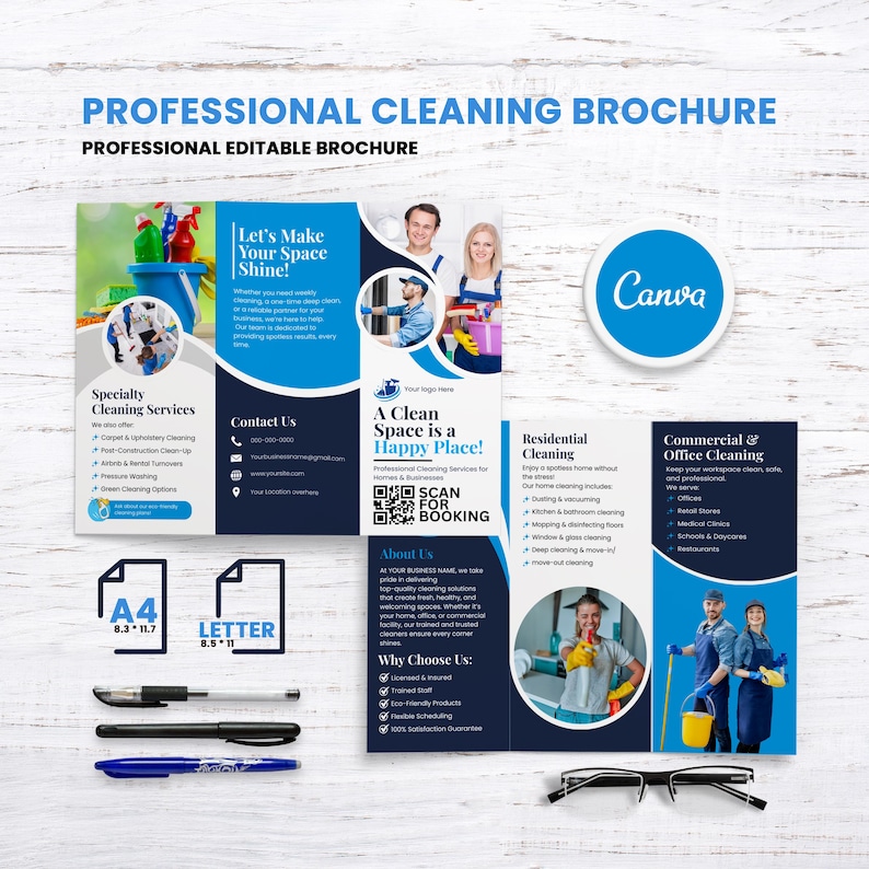 May include: A professional cleaning brochure with a blue and white design. The brochure includes sections on specialty cleaning services, residential cleaning, and commercial and office cleaning. The brochure also features the text "Let's Make Your Space Shine!"