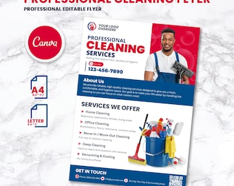 May include: A professional cleaning services flyer with a red and white color scheme. The flyer includes the text "PROFESSIONAL CLEANING SERVICES" and a phone number. It also features a photo of a smiling man holding a cleaning tool.