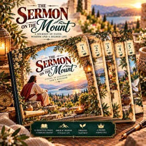 May include: A multi-page book titled The Sermon on the Mount, featuring an illustration of a figure in robes overlooking a landscape. The cover text reads The Sermon on the Mount, Living as Citizens of God's Kingdom. Includes 11 pages of content.
