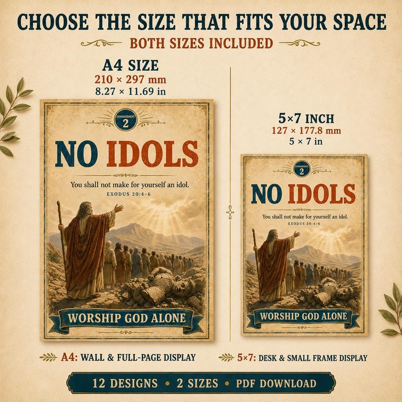 May include: A digital print featuring the text NO IDOLS and WORSHIP GOD ALONE with an illustration of a figure with a staff and a crowd. Includes A4 size 210 x 297 mm or 8.27 x 11.69 inches and 5 x 7 inch or 127 x 177.8 mm size options.