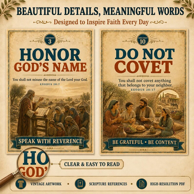 May include: Two vintage-style posters featuring biblical scenes and text. The left poster reads HONOR GOD'S NAME and SPEAK WITH REVERENCE. The right poster reads DO NOT COVET and BE GRATEFUL BE CONTENT. A magnifying glass shows the text HO GOD.