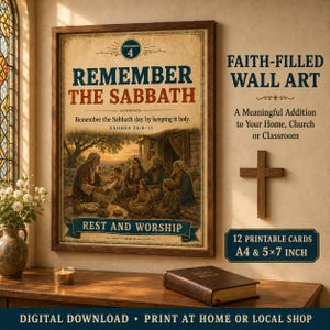 May include: A framed wall art print titled Remember the Sabbath featuring a biblical scene of a family gathered outdoors. The text includes Exodus 20:8-11 and Rest and Worship. The image also displays a wooden cross and a brown book on a table.