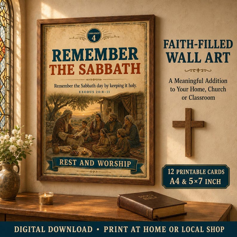 May include: A framed wall art print titled Remember the Sabbath featuring a biblical scene of a family gathered outdoors. The text includes Exodus 20:8-11 and Rest and Worship. The image also displays a wooden cross and a brown book on a table.