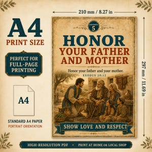May include: A vintage-style A4 print featuring the text Honor Your Father and Mother, Exodus 20:12, and Show Love and Respect. The illustration depicts a family scene with figures in robes. Dimensions are 210 mm by 297 mm or 8.27 inches by 11.69 inches.