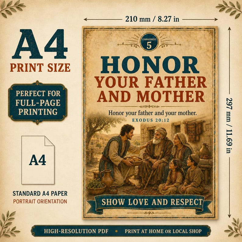 May include: A vintage-style A4 print featuring the text Honor Your Father and Mother, Exodus 20:12, and Show Love and Respect. The illustration depicts a family scene with figures in robes. Dimensions are 210 mm by 297 mm or 8.27 inches by 11.69 inches.