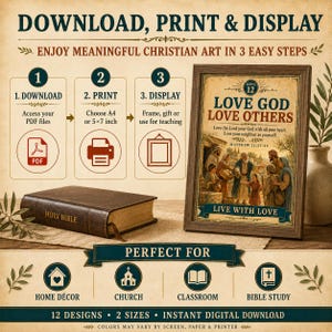 May include: A digital download guide for Christian art featuring a framed print with the text LOVE GOD LOVE OTHERS and a Bible verse from Matthew 22:37-39. The image includes a brown Holy Bible, a three-step instruction graphic, and icons.