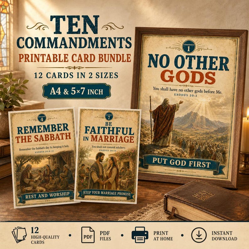 May include: A printable card bundle featuring the Ten Commandments, including twelve cards in A4 and 5x7 inch sizes. The cards display religious illustrations and text, such as No Other Gods, Remember the Sabbath, and Be Faithful in Marriage.
