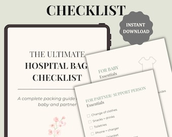 May include: A digital hospital bag checklist with the text "HOSPITAL BAG CHECKLIST" and "THE ULTIMATE HOSPITAL BAG CHECKLIST". Includes a packing guide for baby and partner, with sections for baby and partner essentials. Features a floral illustration and the words "INSTANT DOWNLOAD".
