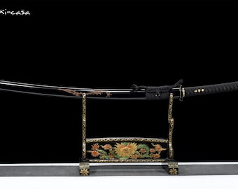 Handmade Katana Sword – 1095 Steel, Black Blade, Carved Wooden Scabbard, Japanese Style Collectible