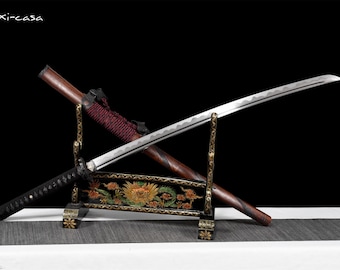 Handmade Damascus Steel Katana: Full Tang Samurai Sword with Ray Skin & Rosewood