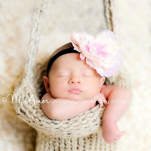 Knitted Hanging Basket photography prop for those special little ones shown in oatmeal and pink image 1